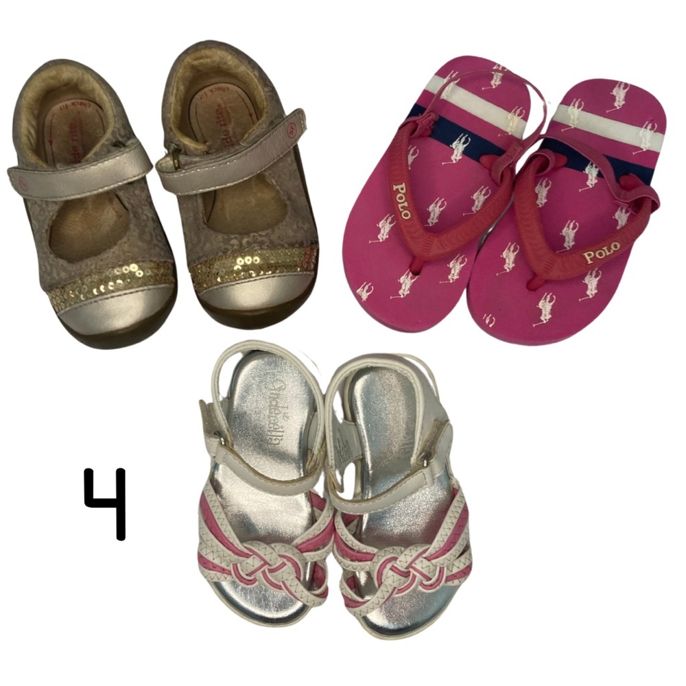 Toddler Girls Shoes Sandals Lot, Sz 4T, Size 4 Polo Flip flops, 4W Stride rite